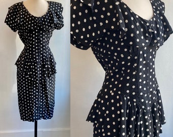 Vintage 80s Polka-Dot Dress / KAREN ALEXANDER / Scoop Neck CORSET Waist + Peplum / Fabulous