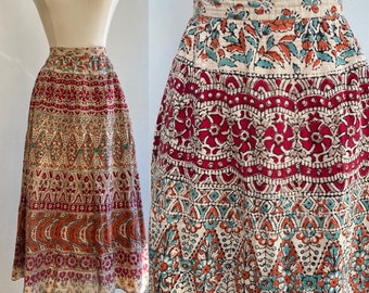Vintage 60s 70s Skirt / Indian BLOCK PRINT COTTON Hippie Skirt / Boho Hand Dyed Print / Metal Zip