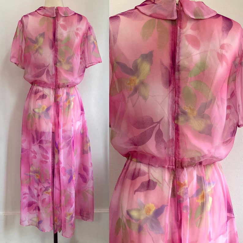 Vintage 50s Dress / SHEER FLORAL CHIFFON / Fit Flare Shawl Tie Collar / Pretty image 5