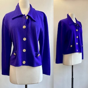 Vintage 80s Cardigan Sweater Jacket / Gold ROSETTE Buttons / Collared + Pockets / Vibrant