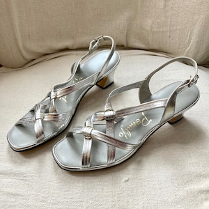 Vintage 70&#39;s Sexy SILVER METALLIC Cage Sandals / Strappy + Block Heek / Penaljo