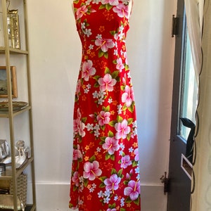 Vintage 60s HAWAIIAN Maxi Dress / HIBISCUS BARKCLOTH / Watteau Pleat ...
