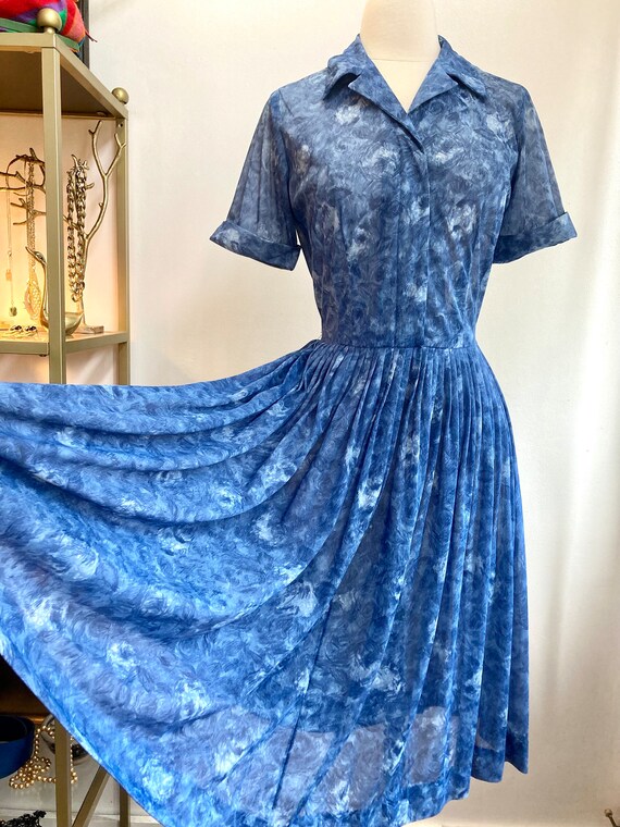 Vintage 50s Shirtwaist Dress / SHEER BLUE ROSE Pr… - image 6