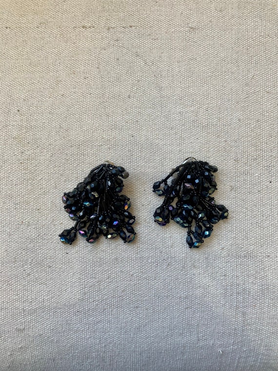 Vintage BLACK BEAD Statement Chandelier Earrings … - image 4
