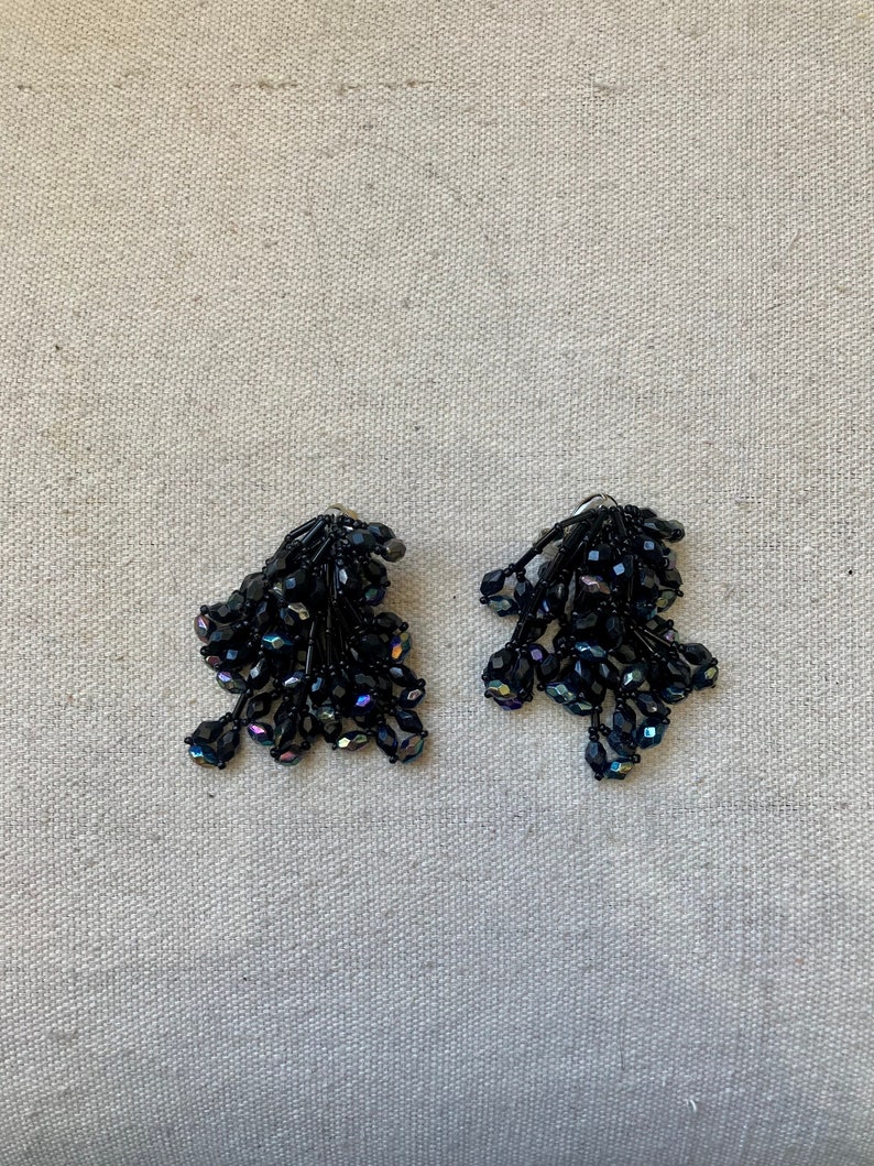 Vintage BLACK BEAD Statement Chandelier Earrings / Waterfall Dangle Drop / Multi Strands of Beads / Clip On image 4