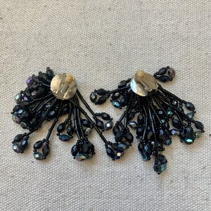 Vintage BLACK BEAD Statement Chandelier Earrings / Waterfall Dangle Drop / Multi Strands of Beads / Clip On image 5