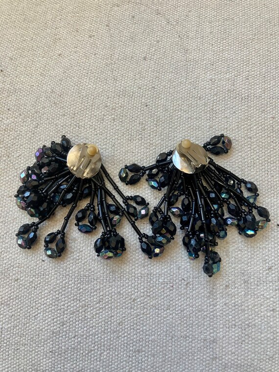 Vintage BLACK BEAD Statement Chandelier Earrings … - image 5