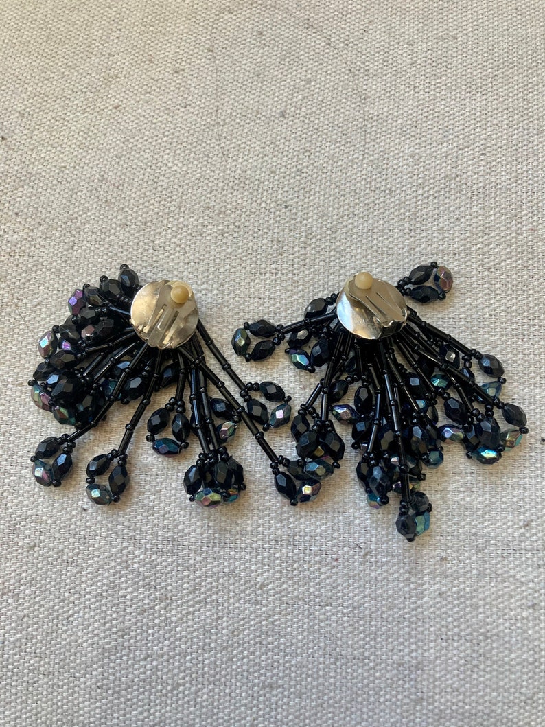 Vintage BLACK BEAD Statement Chandelier Earrings / Waterfall Dangle Drop / Multi Strands of Beads / Clip On image 5