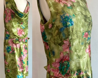 Vintage 50s 60s Dress / SILK Shift Party Dress / Drop Waist + Waterfall Back with BOW / Watercolor Print / Mancini