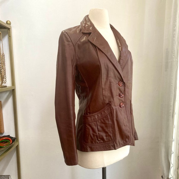 Vintage 70s BROWN Leather Jacket Blazer / BACK BU… - image 3
