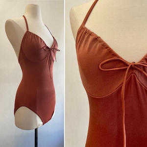 Vintage 70s Swimsuit / Sea Dreams by Maidenform / One-Piece Halter/ Underwire + Bow + High Cut Leg /  Body Suit / Rust Color