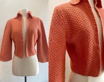 Vintage 50s Cardigan Sweater Jacket Bolero / WAFFLE Weave + GOLD LUREX Threads / Cropped + Collar + Wide Sleeves / Hand Knit