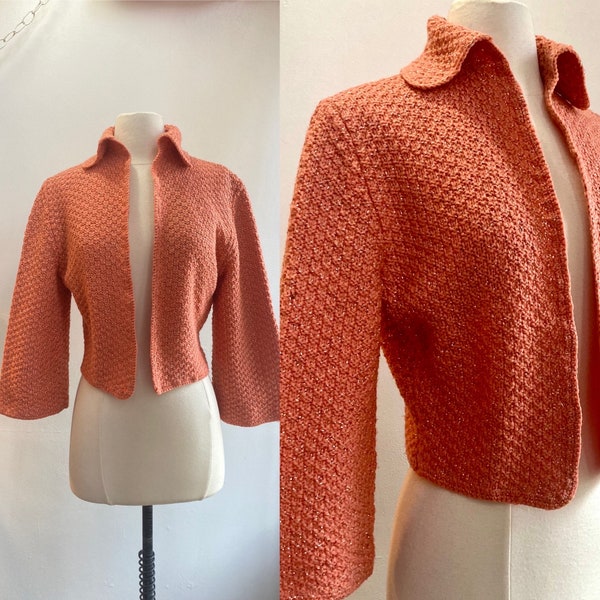 Vintage 50s Cardigan Sweater Jacket Bolero / WAFFLE Weave + GOLD LUREX Threads / Cropped + Collar + Wide Sleeves / Hand Knit