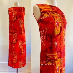 Vintage 60s 70s HAWAIIAN Maxi Dress / TIKI Floral BARKCLOTH Column Wiggle Dress / Vibrant Orange + Mustard + Red  / Ti&#39;a Made in Hawaii