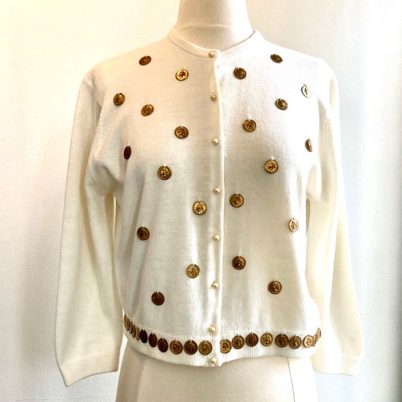 Vintage 50s Cardigan Sweater / 3D GOLD COIN Embel… - image 2