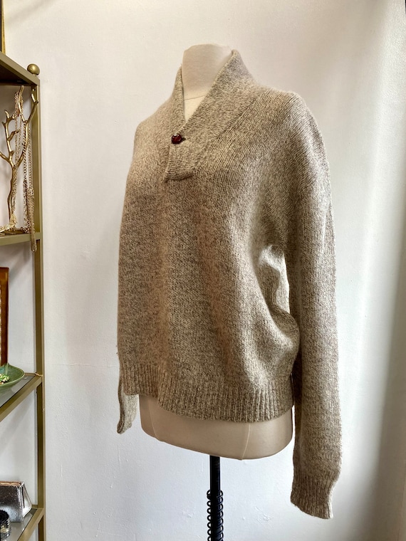 Vintage 80s Sweater / Wool OATMEAL FLECK Henley P… - image 2