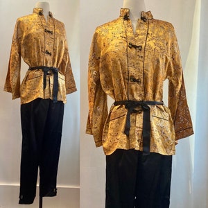 Vintage 60s SILK LOUNGE Set with Gold Jacket with Silver Lurex and Black Asian Design, Pockets plus Frog Closure and Tie. The pants have a  Tie Waist with Ankle Frog Closure