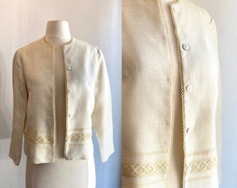 Cute 60s MOD CROPPED LINEN Jacket / Crochet Detail + Lined / Campus Casuals