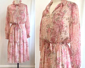Vintage 70s Dress / PRAIRIE Dress / Sheer Floral Cotton Voile / Ruffle Collar + Tier Skirt + Ties / Rainbow of California