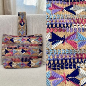 60&#39;s 70&#39;s Vintage Boho HAND GEBORDUURDE JUTE Tote Bag / Floral Lining