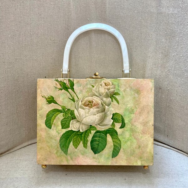 Vintage 60s BOX Purse / Blush PINK Rose Floral Decoupage / LUCITE Top Handle / Goldtone Turn Lock Clasp + Feet / Hot Pink Felt Lined