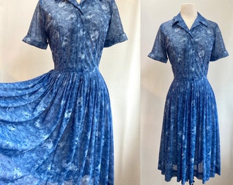 Vintage 50s Shirtwaist Dress / SHEER BLUE ROSE Print Nylon  /Moody Dark Floral Day Dress / Full Pleated Skirt + Hidden Buttons