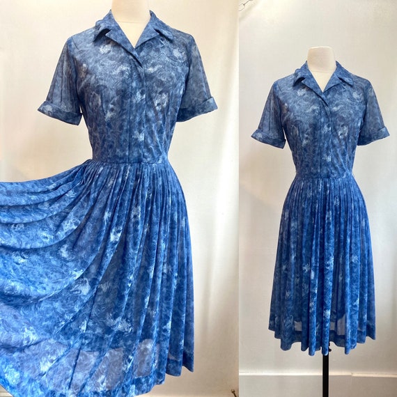 Vintage 50s Shirtwaist Dress / SHEER BLUE ROSE Pr… - image 1