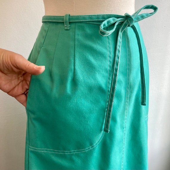 Vintage 70s Wrap Skirt / Seafoam Color Cotton Duc… - image 4
