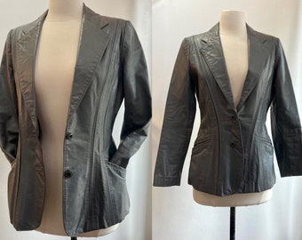 Vintage 70s Leather Jacket Blazer Coat / GRAY / Fitted + Slit Pockets / Two Button Closure / Casablanca For Guys - For Gals