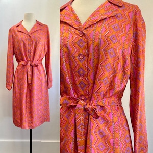 Vintage 70s Silk Dress / PSYCHEDELIC ABSTRACT Print / Shirtwaist + Tie / Lined / Ludorff Boutique Modell