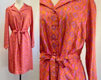Vintage jaren 70 zijden jurk / PSYCHEDELISCHE ABSTRACTE print / Shirtwaist + stropdas / Gevoerd / Ludorff Boutique Modell
