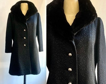 Vintage 60s MOD DRESS Coat / Jacquard + MOUTON Fur Collar / Silver Buttons / Manreaux Couture