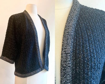 Vintage 50s 60s CROPPED SILVER Metallic Knit Cardigan Sweater / LUREX / Rosalee of California /