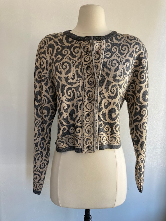Vintage 80s Cardigan Sweater / CROPPED PAISLEY In… - image 2