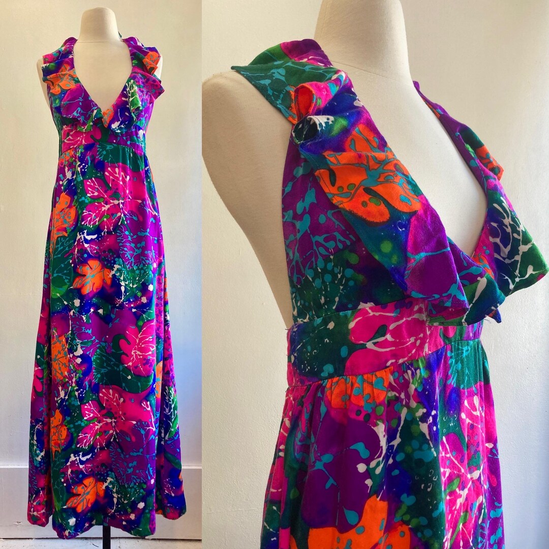 Vintage 60s 70s HAWAIIAN Dress / Psychedelic NEON HALTER Maxi Dress ...