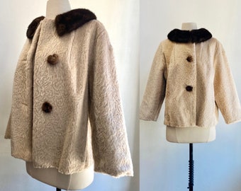 Vintage 50s 60s Faux Fur Coat / Ivory Velveteen / Mink Fur Funnel Collar +  Pom-Pom Buttons / Satin Lined / Vogue Couturier Creations