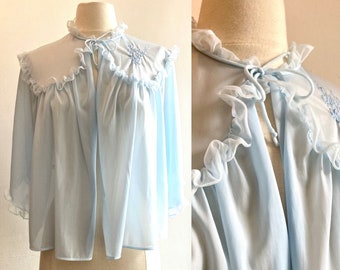 Vintage 60s SHEER RUFFLED BED Jacket / Cropped + Tie + Embroidered Detail
