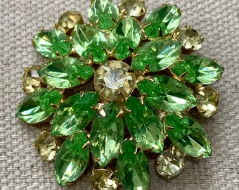 Vintage 50s 60s Rhinestone Brooch / Green + Gold / Domed Flower Shape / 2.5"