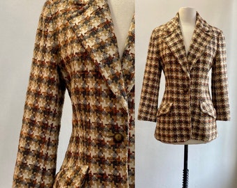 Vintage 70s Blazer Coat Jacket / OVERSIZED HOUNDSTOOTH / Fitted + One Button + Lined / Gino Rossi Roma