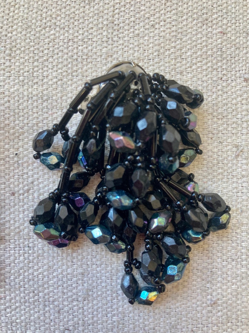 Vintage BLACK BEAD Statement Chandelier Earrings / Waterfall Dangle Drop / Multi Strands of Beads / Clip On image 2