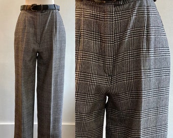 Vintage 70s PLAID PANTS Trousers / Wool Glen Plaid / Black + White + Gray / Belt + Lined / Tan Jay
