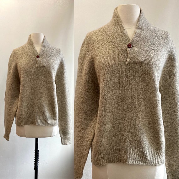 Vintage 80s Sweater / Wool OATMEAL FLECK Henley P… - image 1