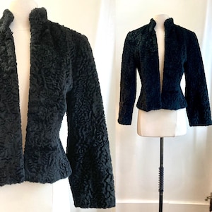 Vintage 50s FAUX FUR COAT Jacket / Curly Lamb / Cropped + Collarless + Hidden Pockets / Bell Sleeves