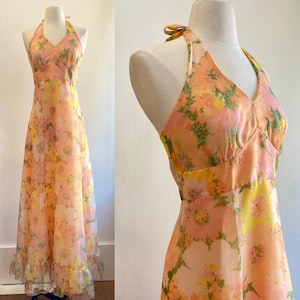 Vintage 70s Maxi Dress / Backless Halter Dress / Sheer PHOTO REAL Floral Chiffon  + Lined / Deep V Neck + Empire Waist + Ruffle Hem