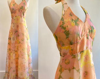 Vintage 70s Maxi Dress / Backless Halter Dress / Sheer PHOTO REAL Floral Chiffon  + Lined / Deep V Neck + Empire Waist + Ruffle Hem