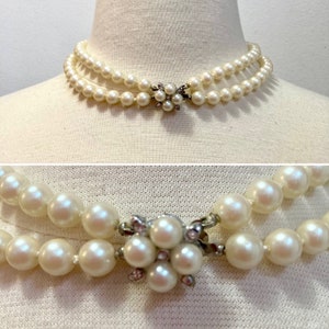 Vintage 50s PEARL Choker / RHINESTONE + Pearl Box Clasp Closure / Two Strand Faux Pearl Necklace