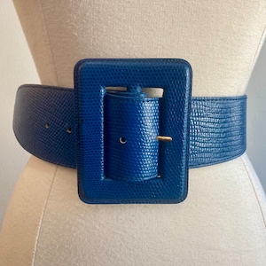 Vintage 80s STATEMENT Belt / HUGE Buckle / Faux REPTILE Embossed / Pool Blue  / Fob Trading