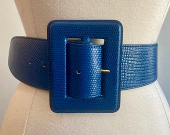 Vintage 80s STATEMENT Belt / HUGE Buckle / Faux REPTILE Embossed / Pool Blue  / Fob Trading