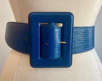 Vintage 80s STATEMENT Belt / HUGE Buckle / Faux REPTILE Embossed / Pool Blue  / Fob Trading