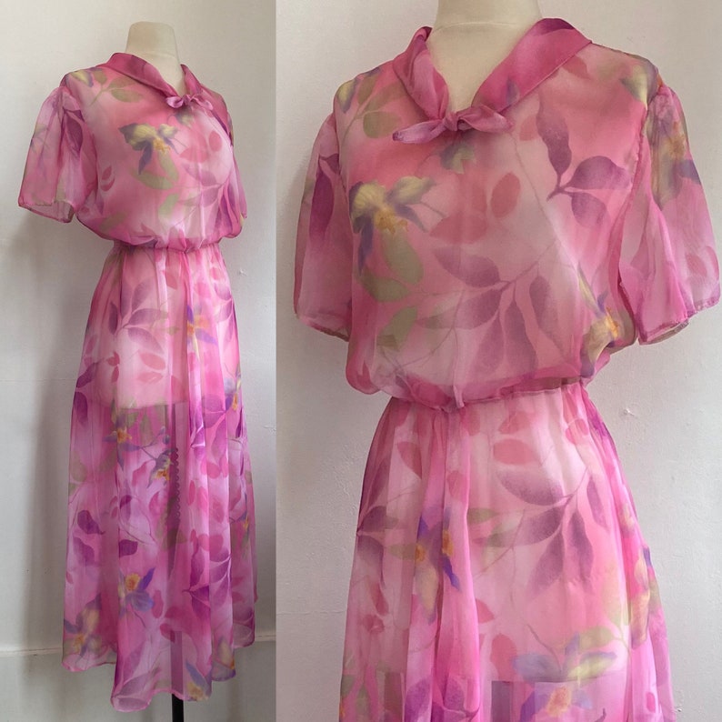 Vintage 50s SHEER FLORAL Pink CHIFFON Dress in a Fit Flare style with Shawl Tie Collar.